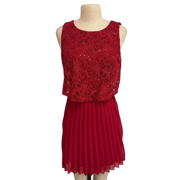 Speechless Red Lace and Pleated Skirt Midi Dress Size M Sleeveless Sequin - Picture 1 of 11